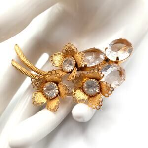 Vintage Gold Plated Floral Brooch, Large Clear Rhinestones, 2 3/4", 1960s